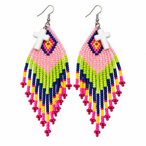 Hand Beaded Pink, Green, and White Fringe Earrings with Small White Crosses